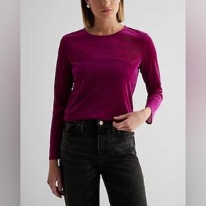 Express Women's Sheer Shine Crew Neck Long Sleeve Tee, Wild Orchid, XS